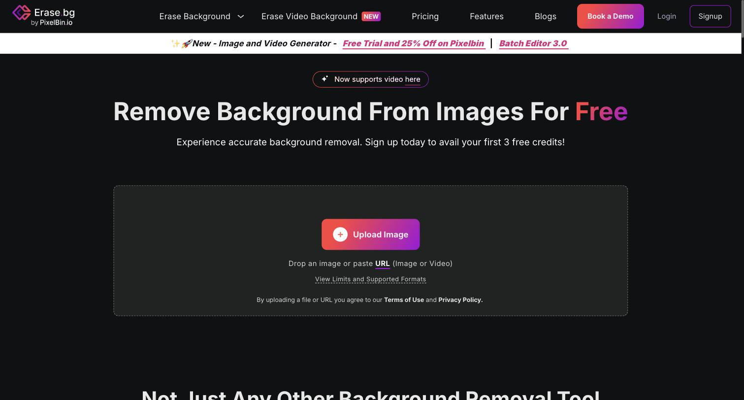 Erase.bg's public upload interface with an 'Upload Image' button, a drop zone accepting a file or pasted URL for image or video, a 'View Limits and Supported Formats' link, and navigation tabs including Erase Video Background.