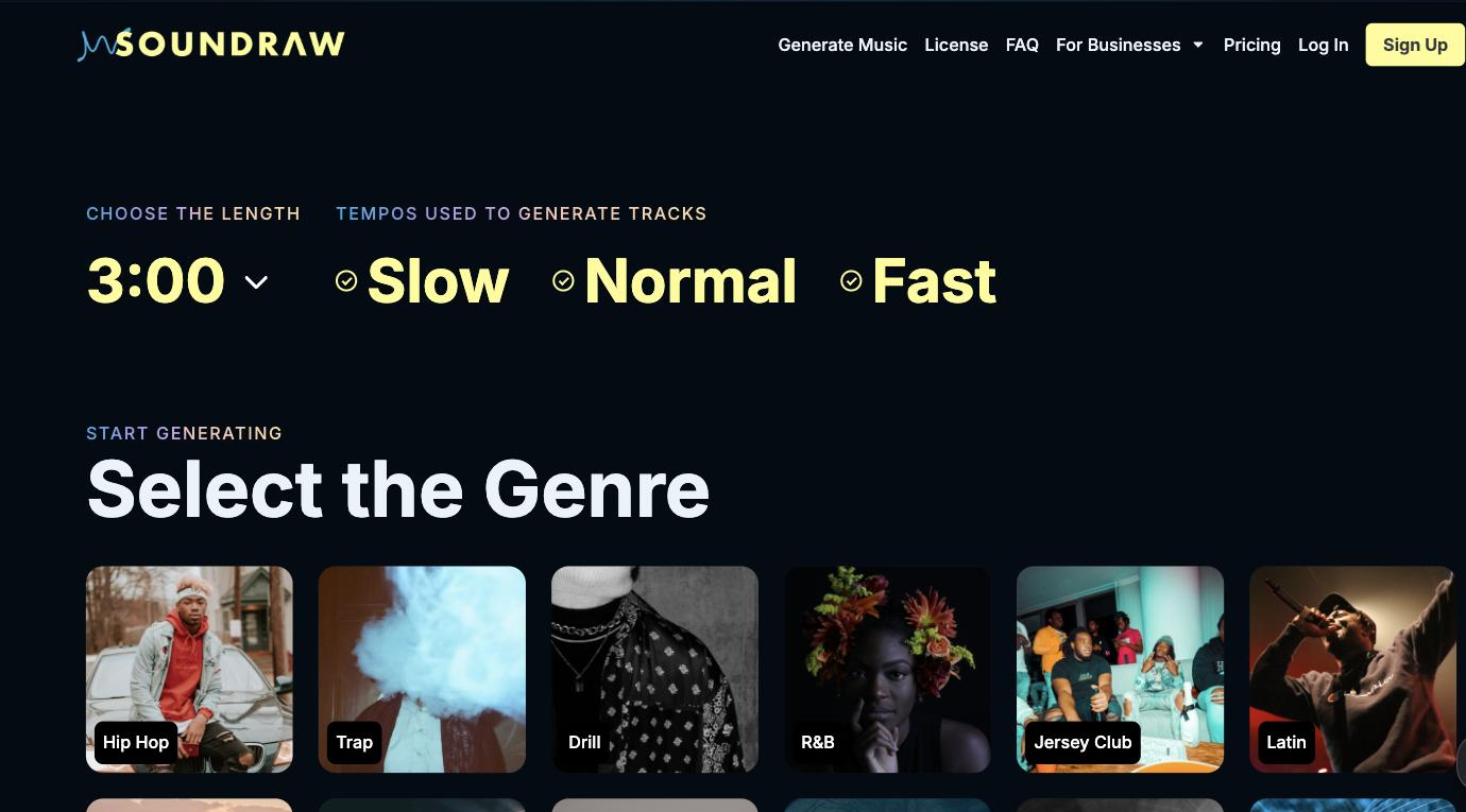 Soundraw's public music-generation page showing a length selector set to 3:00, tempo options Slow, Normal and Fast, and a 'Select the Genre' grid with tiles for Hip Hop, Trap, Drill, R&B, Jersey Club and Latin.