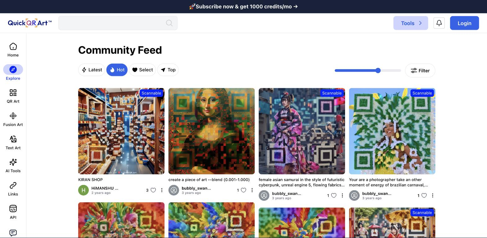 Screenshot of the QuickQRArt 'Explore' community feed page showing a grid of AI-generated QR code artwork images with Scannable badges, sort tabs (Latest, Hot, Select, Top), and like counts beside creator usernames.