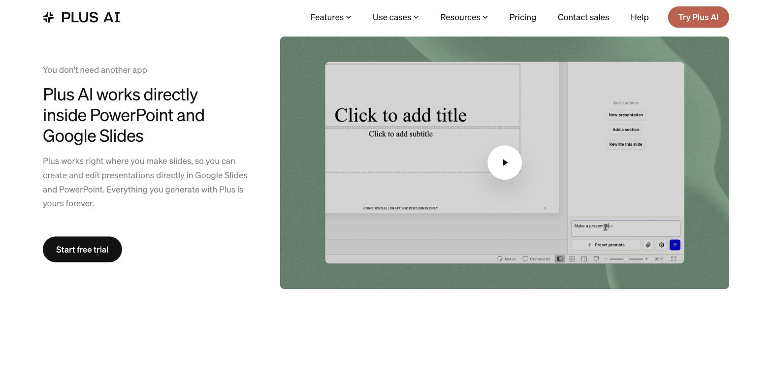 Plus AI section 'Plus AI works directly inside PowerPoint and Google Slides' showing a slide editor with a 'Click to add title' slide and a Plus AI sidebar with Quick actions (New presentation, Add a section, Rewrite this slide) and a 'Make a presentation' prompt box with Preset prompts
