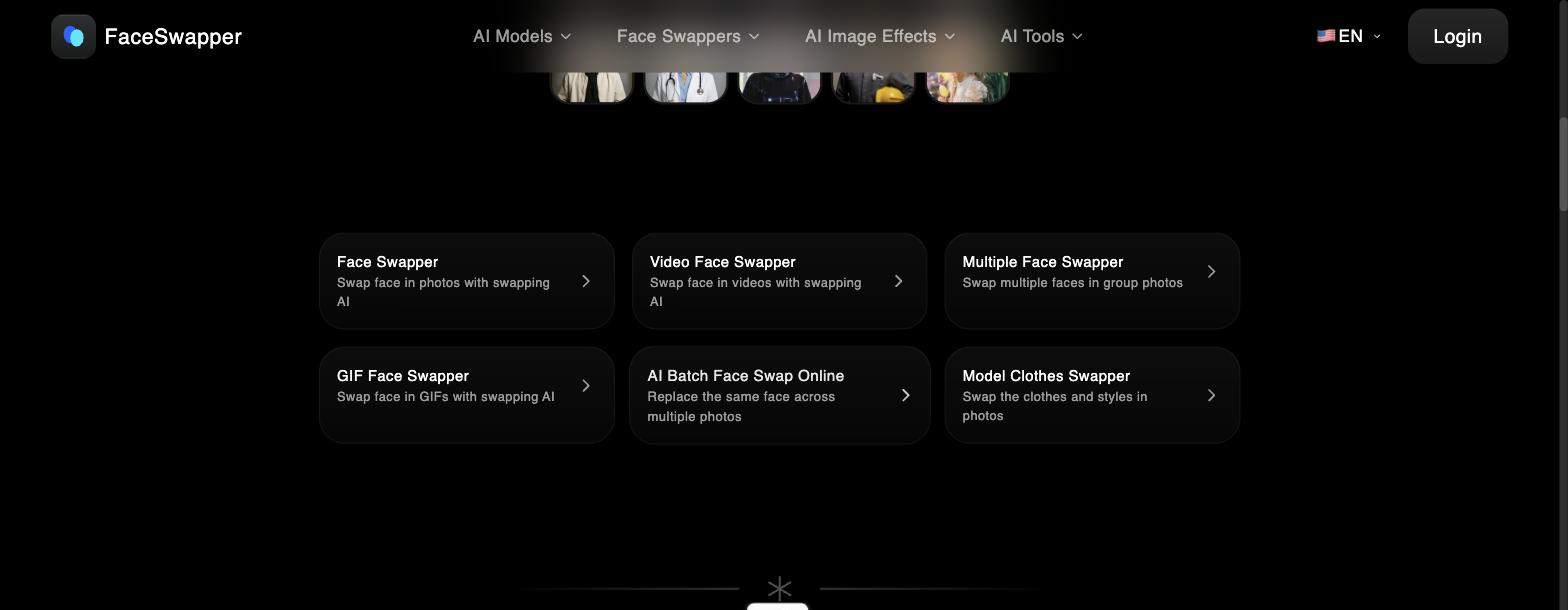 FaceSwapper page displaying a grid of tool cards for Face Swapper, Video Face Swapper, Multiple Face Swapper, GIF Face Swapper, AI Batch Face Swap Online, and Model Clothes Swapper, each with a short description.