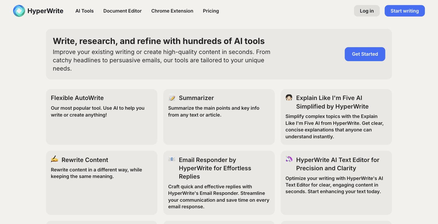 HyperWrite AI Tools grid: individual tool cards (Flexible AutoWrite, Summarizer, Explain Like I'm Five AI, Rewrite Content, Email Responder, AI Text Editor) each with an icon and description.