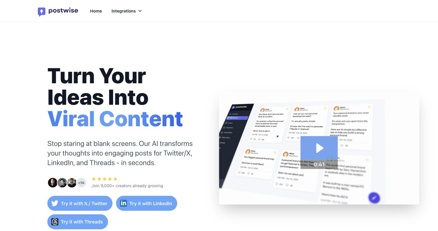 Postwise homepage hero showing the app dashboard behind a video thumbnail, with a left sidebar and a grid of AI-generated post drafts formatted as tweets on personal-branding topics.