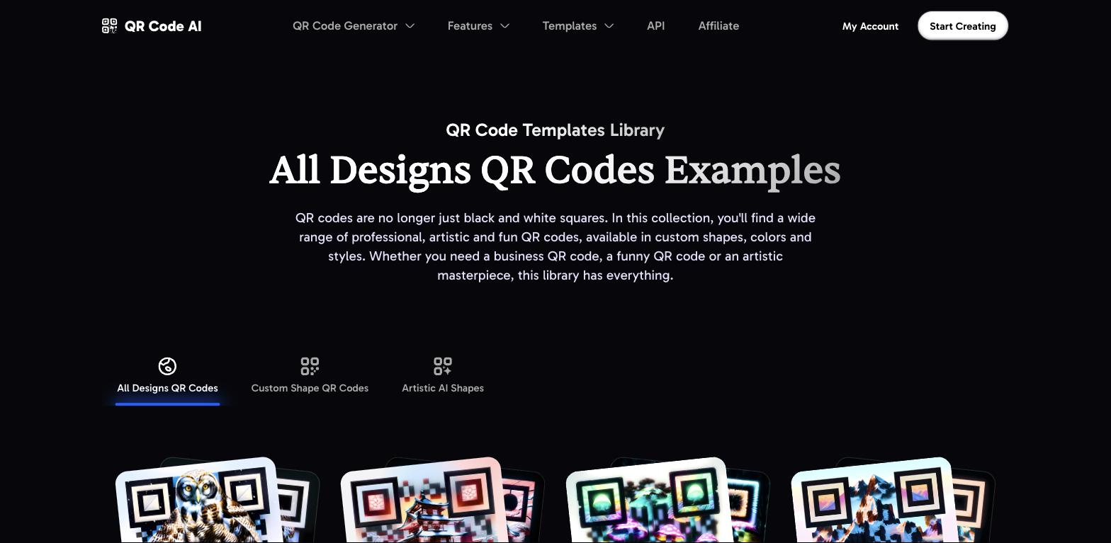 QR Code AI templates library page titled 'All Designs QR Codes Examples' showing a row of custom-designed QR codes with artistic imagery (an owl, a temple, mountains) embedded in their patterns.