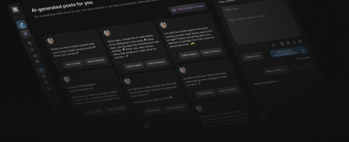 TweetHunter app view titled 'AI-generated posts for you' showing a feed of suggested post cards each with 'Edit & tweet' and 'Add to Queue' actions, next to a composer and scheduling panel.