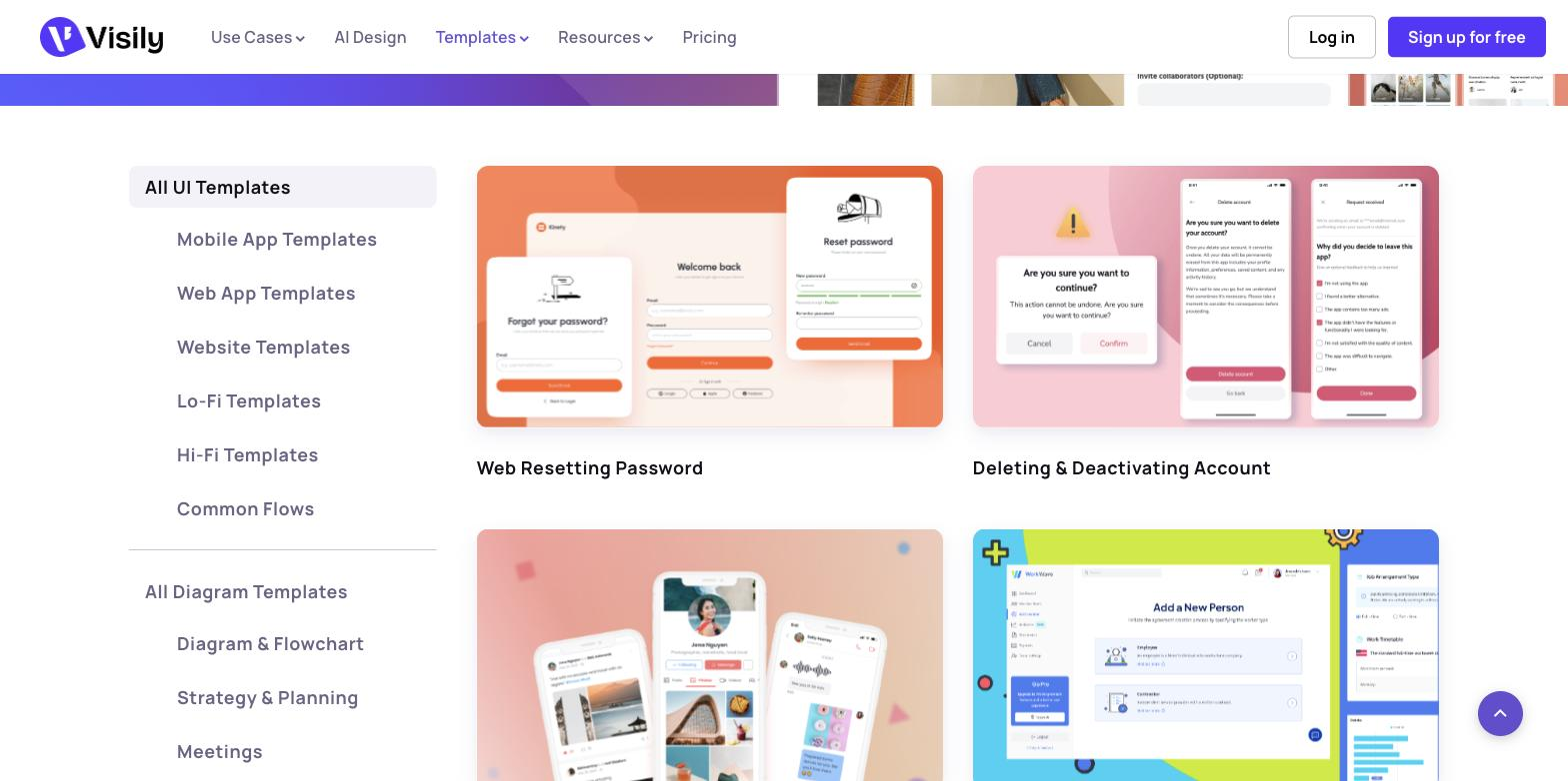 Visily templates page with a sidebar of template categories (Mobile App, Web App, Website, Lo-Fi, Hi-Fi, Common Flows, Diagrams) next to a grid of UI template thumbnails such as 'Web Resetting Password' and 'Deleting & Deactivating Account'.