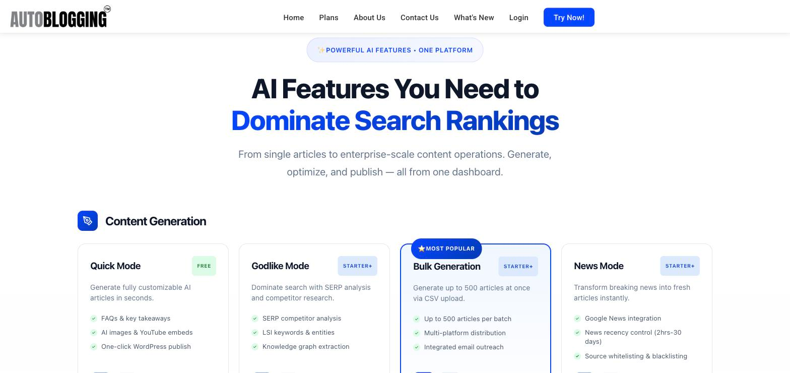 Autoblogging.ai homepage features section titled 'AI Features You Need to Dominate Search Rankings' showing four cards (Quick Mode, Godlike Mode, Bulk Generation, News Mode) each with a short description and checklist.