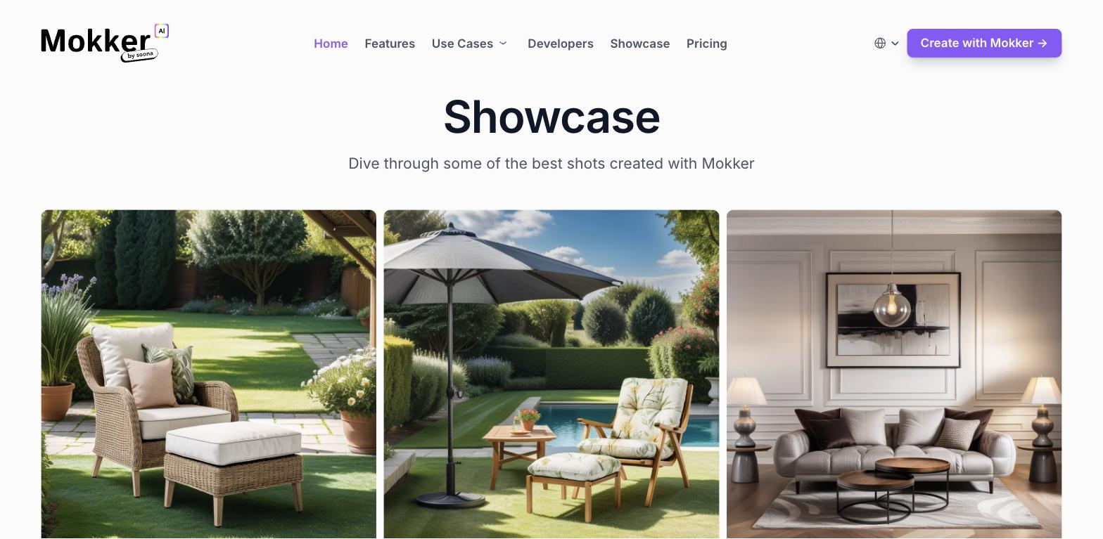 Mokker AI's Showcase page displaying a grid of AI-generated product photos, including outdoor patio furniture and a living room scene, under the heading 'Dive through some of the best shots created with Mokker.'