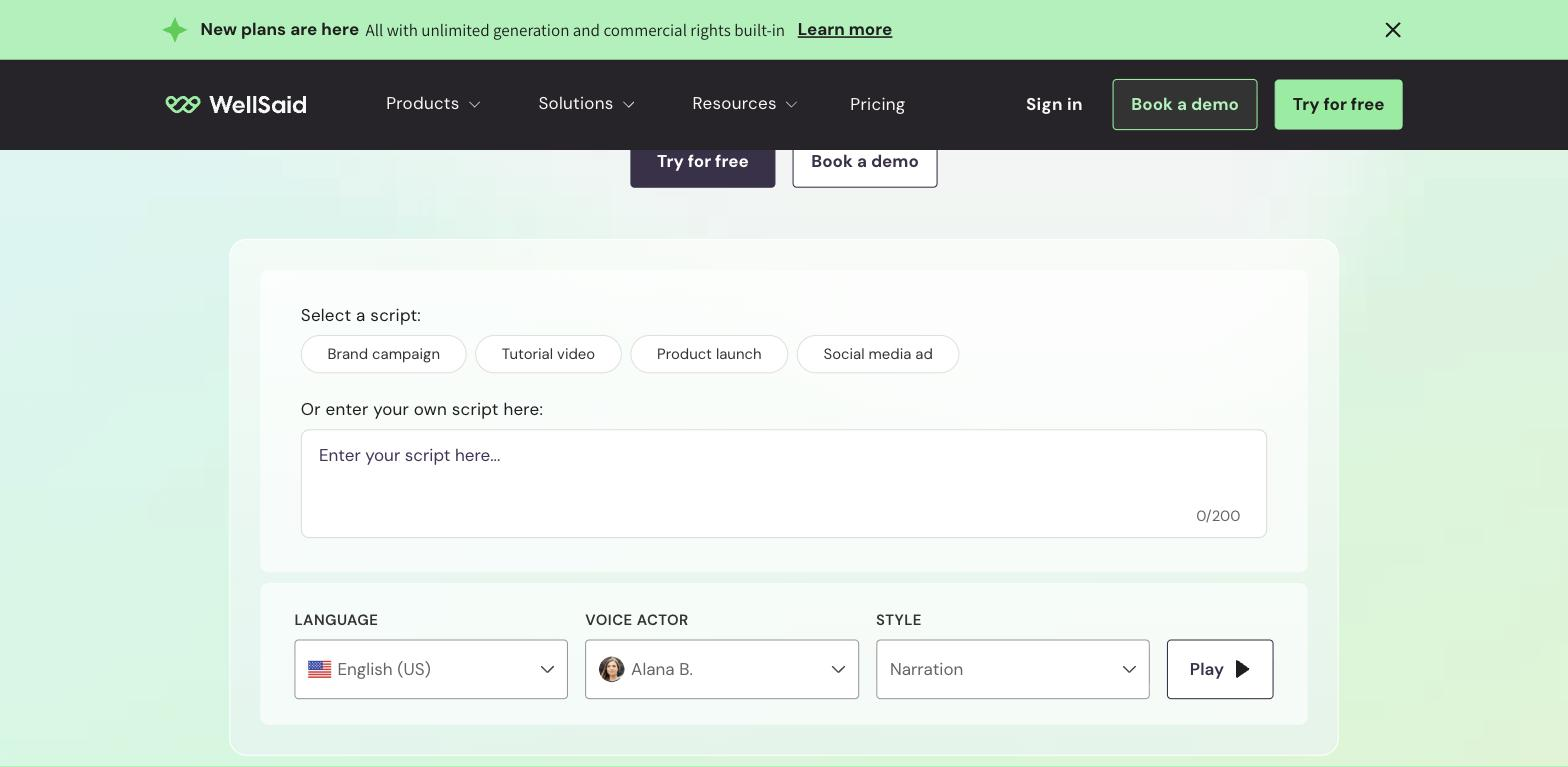WellSaid website with an embedded interactive voice demo: script preset buttons (Brand campaign, Tutorial video, Product launch, Social media ad), a text box to enter a custom script, and Language/Voice Actor/Style dropdowns with a Play button.