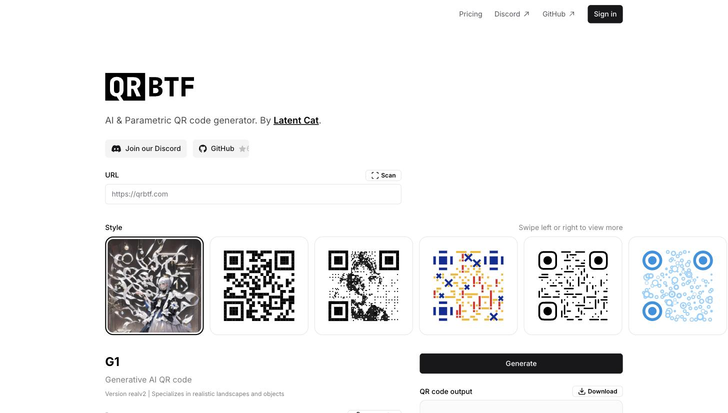 QRBTF AI QR code generator interface with a URL input field, a horizontal row of selectable QR style thumbnails (including an anime AI-art style, plain black-and-white, dotted, coloured pixel, and blue-bubble designs), a 'G1 Generative AI QR code' description and a Generate button