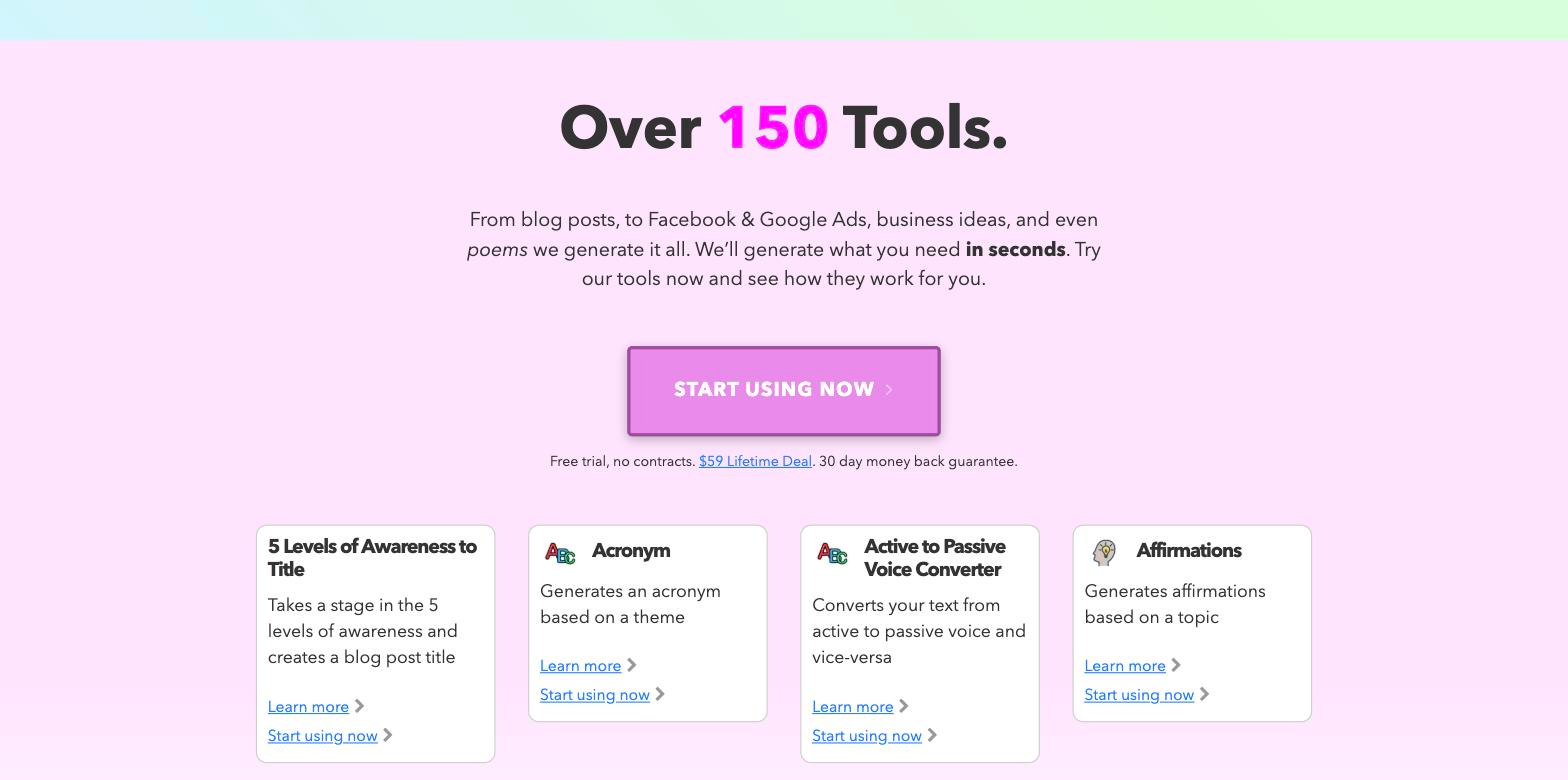 Nichesss homepage 'Over 150 Tools' section with a grid of copywriting tool cards including '5 Levels of Awareness to Title', 'Acronym', 'Active to Passive Voice Converter' and 'Affirmations', each with a short description and 'Start using now' link