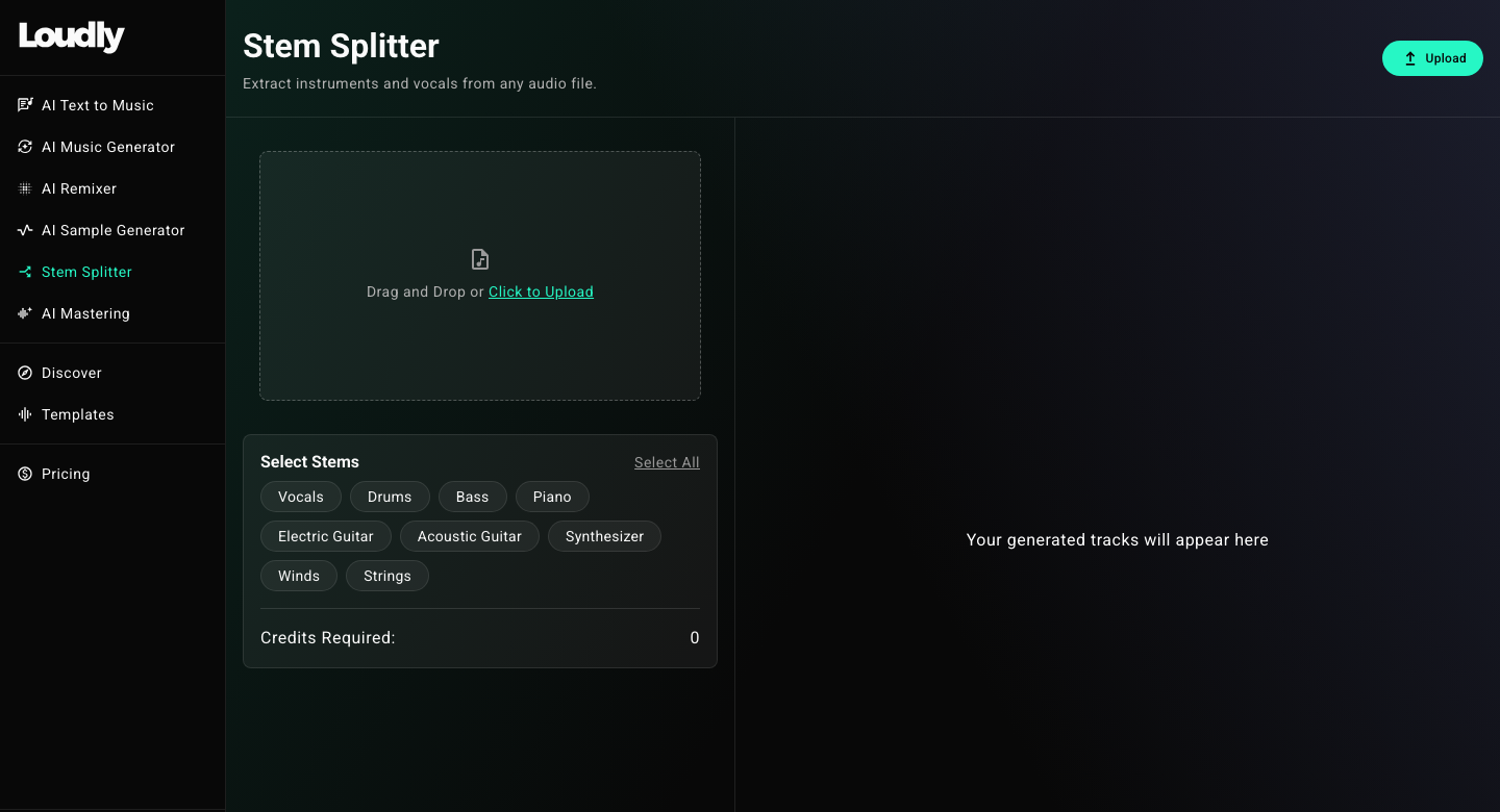 Loudly's Stem Splitter tool interface with the same sidebar navigation, an upload area, and checkboxes to select stems such as Vocals, Drums, Bass, Piano, guitars, Synthesizer, Winds, and Strings.