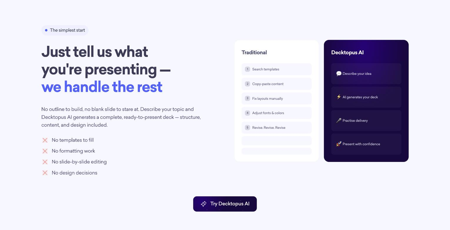 Decktopus workflow comparison panel: "Traditional" 5-step manual process (search templates, copy-paste content, fix layouts manually, adjust fonts and colors, revise) versus "Decktopus AI" 4-step flow (describe your idea, AI generates your deck, practise delivery, present with confidence).