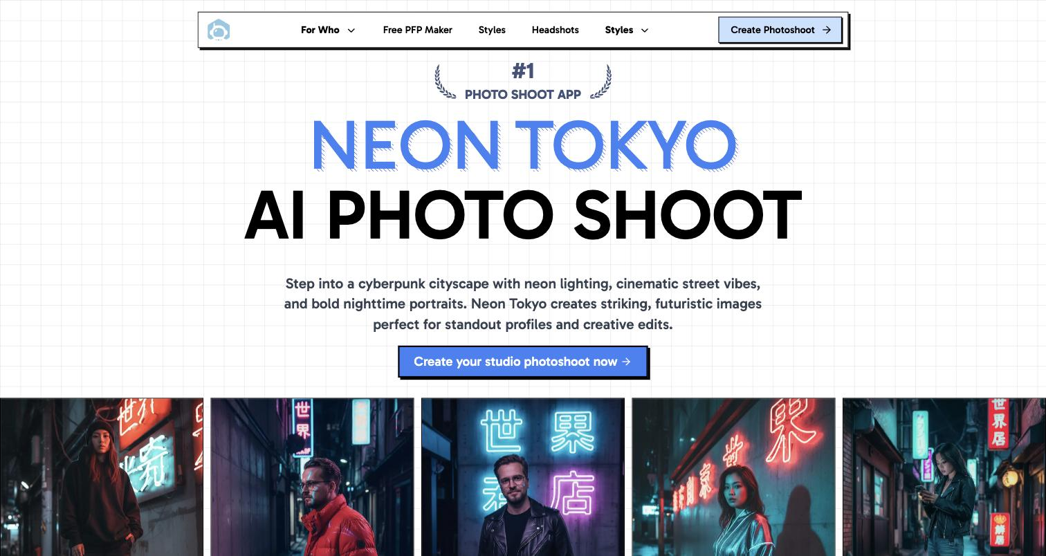ProfilePicture.AI public 'Neon Tokyo AI Photo Shoot' style landing page: hero heading with a row of five vivid cyberpunk-style AI-generated portraits set against Tokyo neon-sign backdrops.