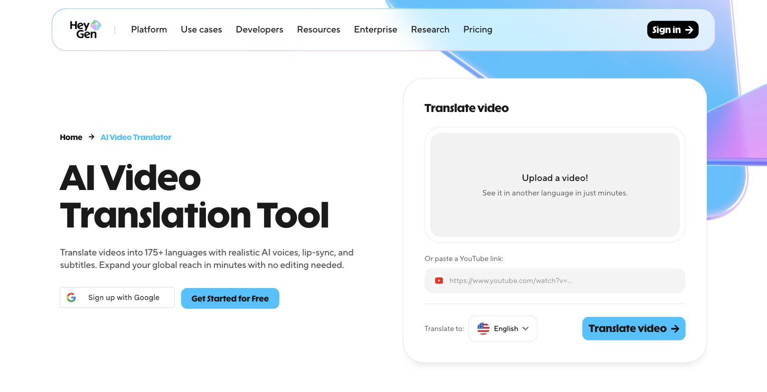 HeyGen AI Video Translation Tool UI: an "Upload a video!" drop zone, a YouTube-link paste field, and a "Translate to" language selector (English, flag icon) with a Translate video button.