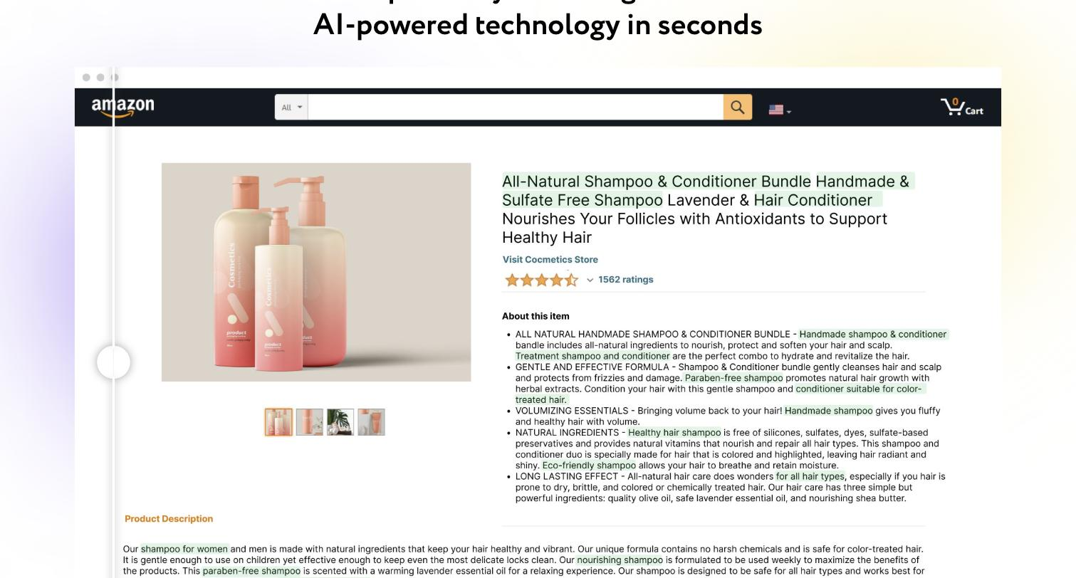 A mock Amazon product listing for a shampoo and conditioner bundle with CopyMonkey's inserted keywords highlighted in green across the title, bullet points and product description.