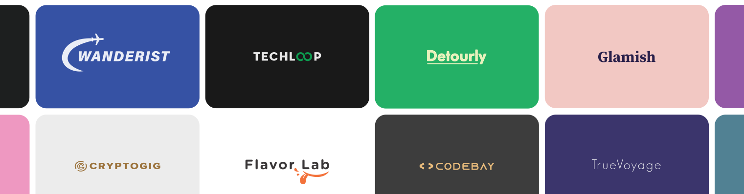 Grid of colored brand cards each displaying a different generated business name and logo style, including Wanderist, Techloop, Detourly, Glamish, Cryptogig, Flavor Lab, Codebay, and TrueVoyage.