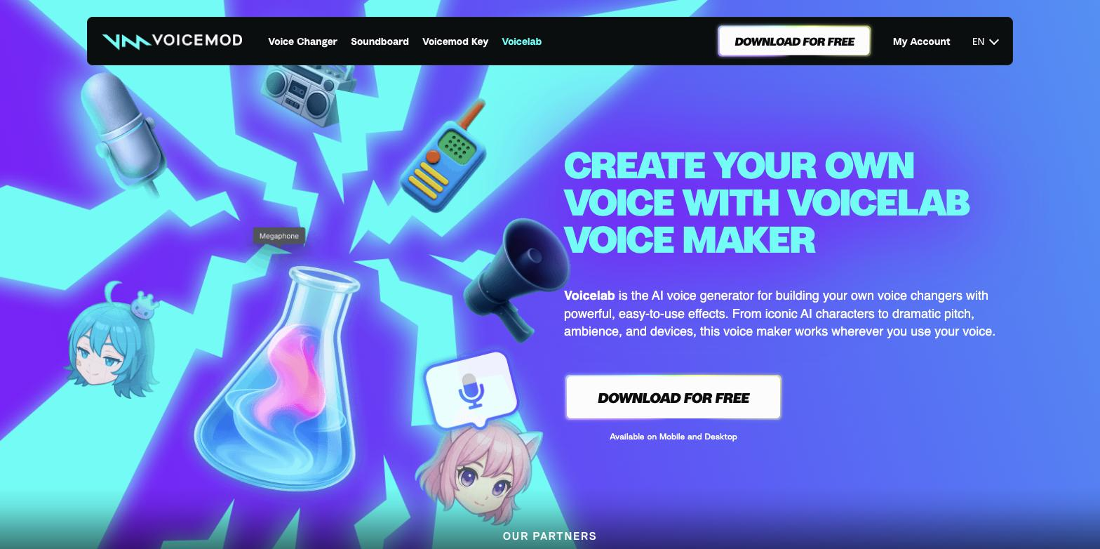 Voicemod Voicelab page hero titled 'Create Your Own Voice With Voicelab Voice Maker' featuring illustrated icons (microphone, megaphone, flask, walkie-talkie) and a 'Download for Free' button.