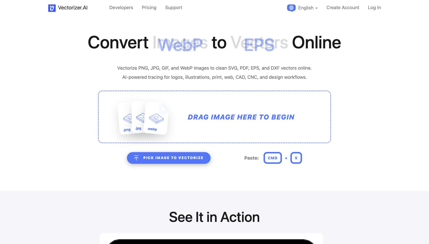 Homepage hero showing 'Vectorizer.AI' logo, full navigation (Developers, Pricing, Support, language selector, Create Account, Log In), the 'Convert Images to Vectors Online' headline, and the drag-and-drop image upload zone with PNG/JPG/WebP format icons.