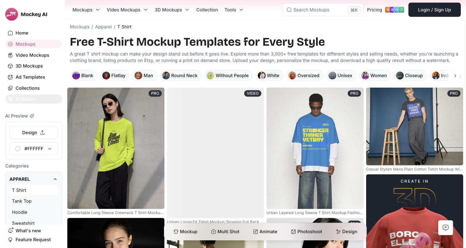 Mockey AI public T-Shirt mockup category/app page: full dashboard UI with left sidebar navigation (Home, Mockups, Video Mockups, 3D Mockups, Ad Templates, Collections), an 'AI Preview' design-upload panel, category filter chips (Blank, Flatlay, Man, Round Neck...), and a template grid with a per-item action bar (Mockup/Multi Shot/Animate/Photoshoot/Design).