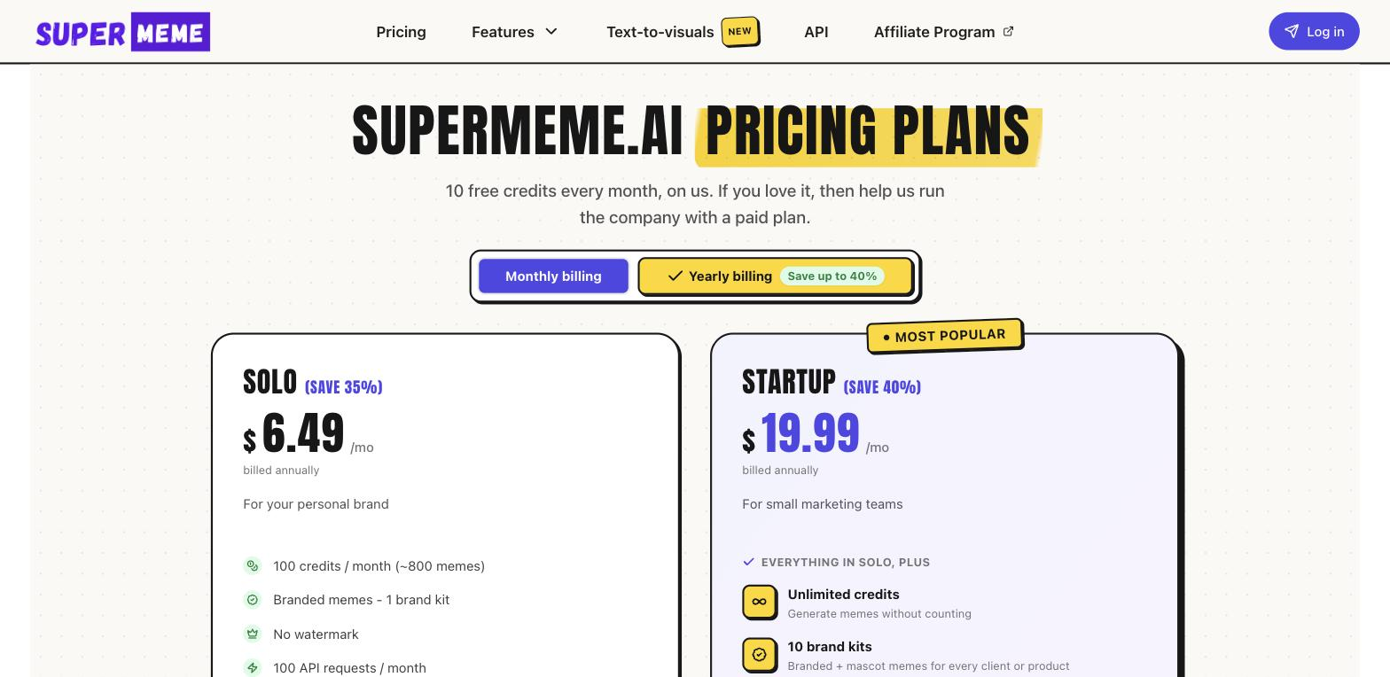 Supermeme.ai pricing page titled 'Pricing Plans' with a monthly/yearly billing toggle and two plan cards, Solo ($6.49/mo) and Startup ($19.99/mo, marked Most Popular), each listing included features.