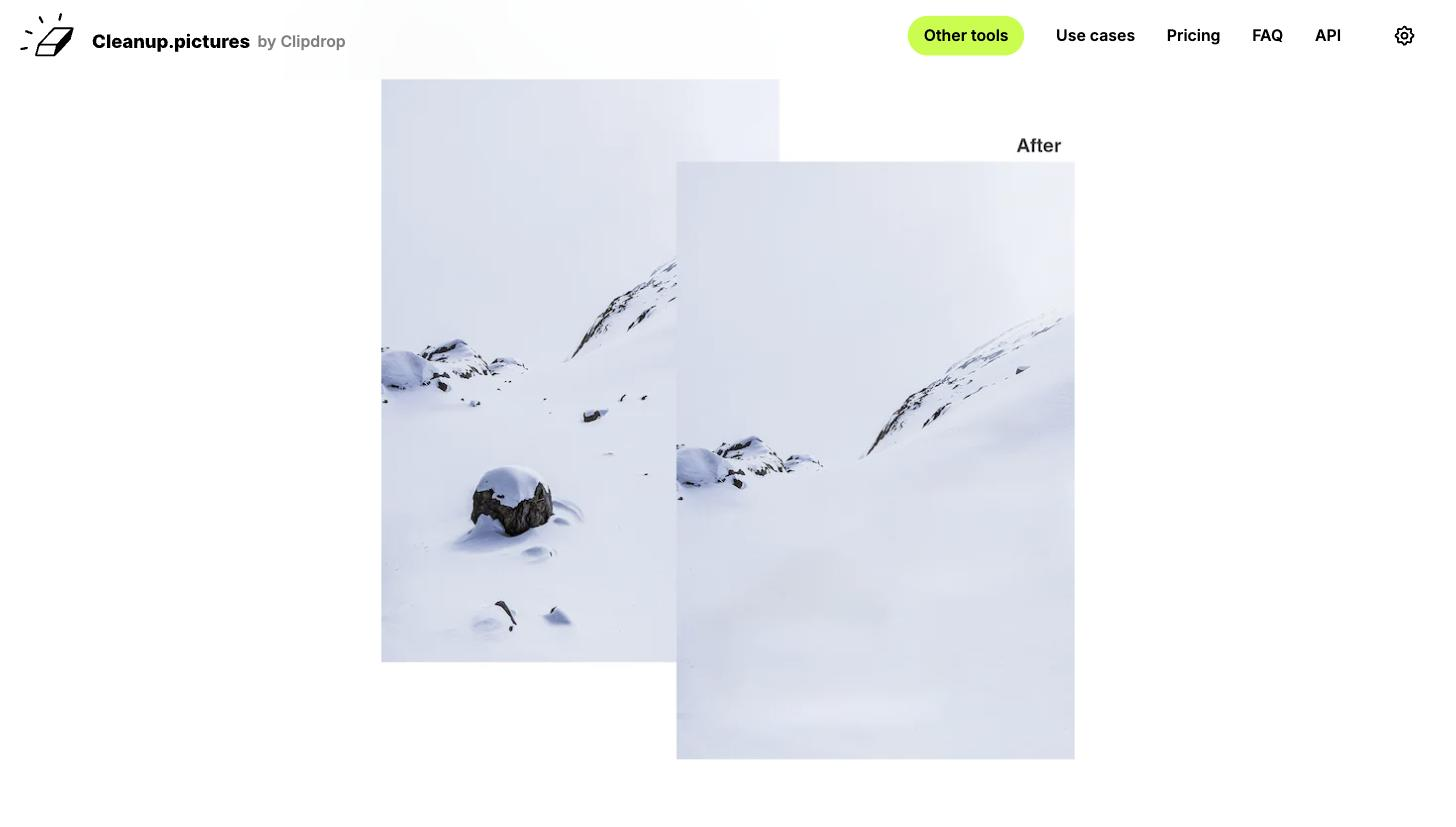 Before/after object-removal comparison showing a rock retouched out of a snowy mountain photo, with 'Before' and 'After' labels and site header visible.