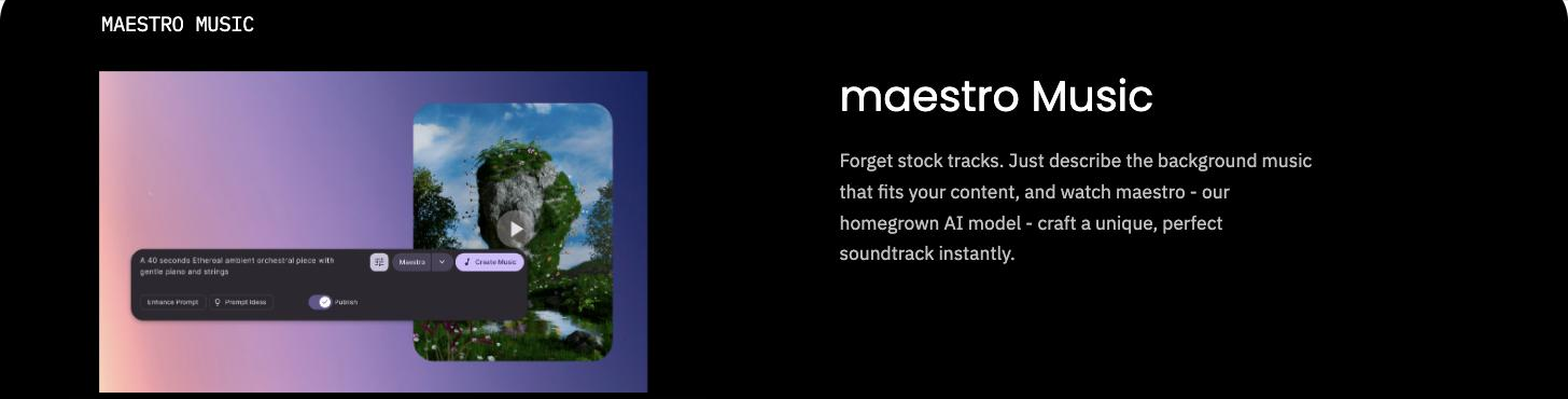 Beatoven.ai maestro Music panel showing a text prompt describing a 40-second ethereal orchestral piece, with model selector and a Create Music button.