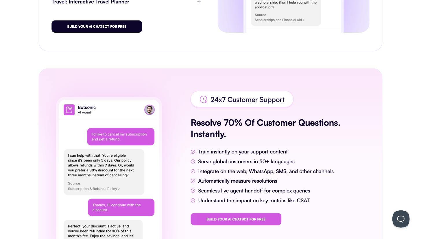 Botsonic AI Agent chat interface resolving a live support query (subscription cancel -> refund) with inline Source citations, beside feature bullets (train on support content, 50+ languages, live-agent handoff, CSAT metrics).