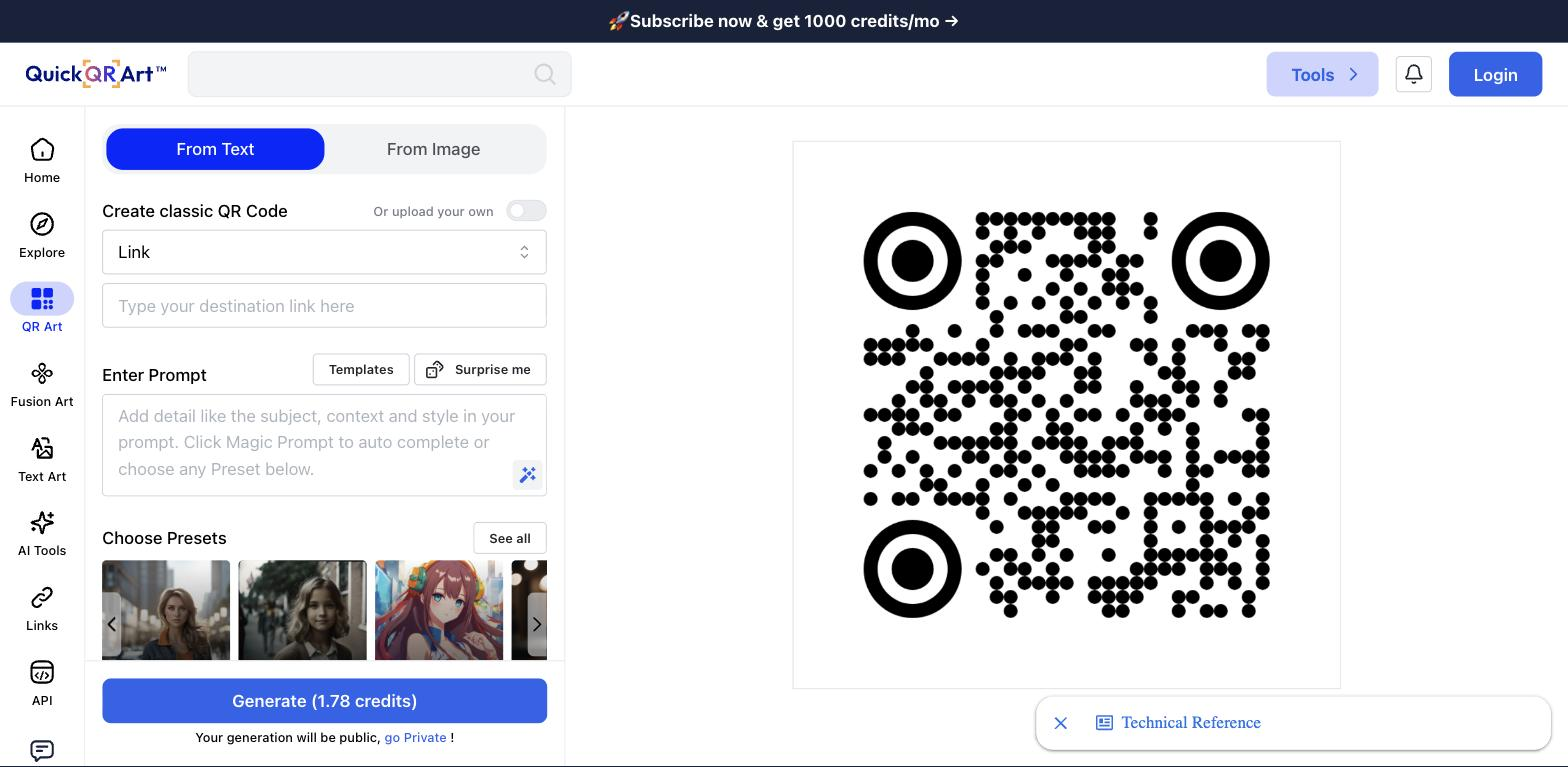 Screenshot of the QuickQRArt QR code generator interface showing 'From Text' and 'From Image' tabs, a Link destination field, an Enter Prompt textarea with preset thumbnails, a Generate button, and a plain black-and-white QR code preview.