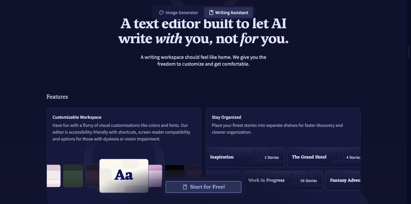 NovelAI Writing Assistant section headed 'A text editor built to let AI write with you, not for you', with feature cards 'Customizable Workspace' (font/colour theme swatches and an Aa sample) and 'Stay Organized' showing story shelves labelled Inspiration, The Grand Hotel, Work in Progress and Fantasy Adventure