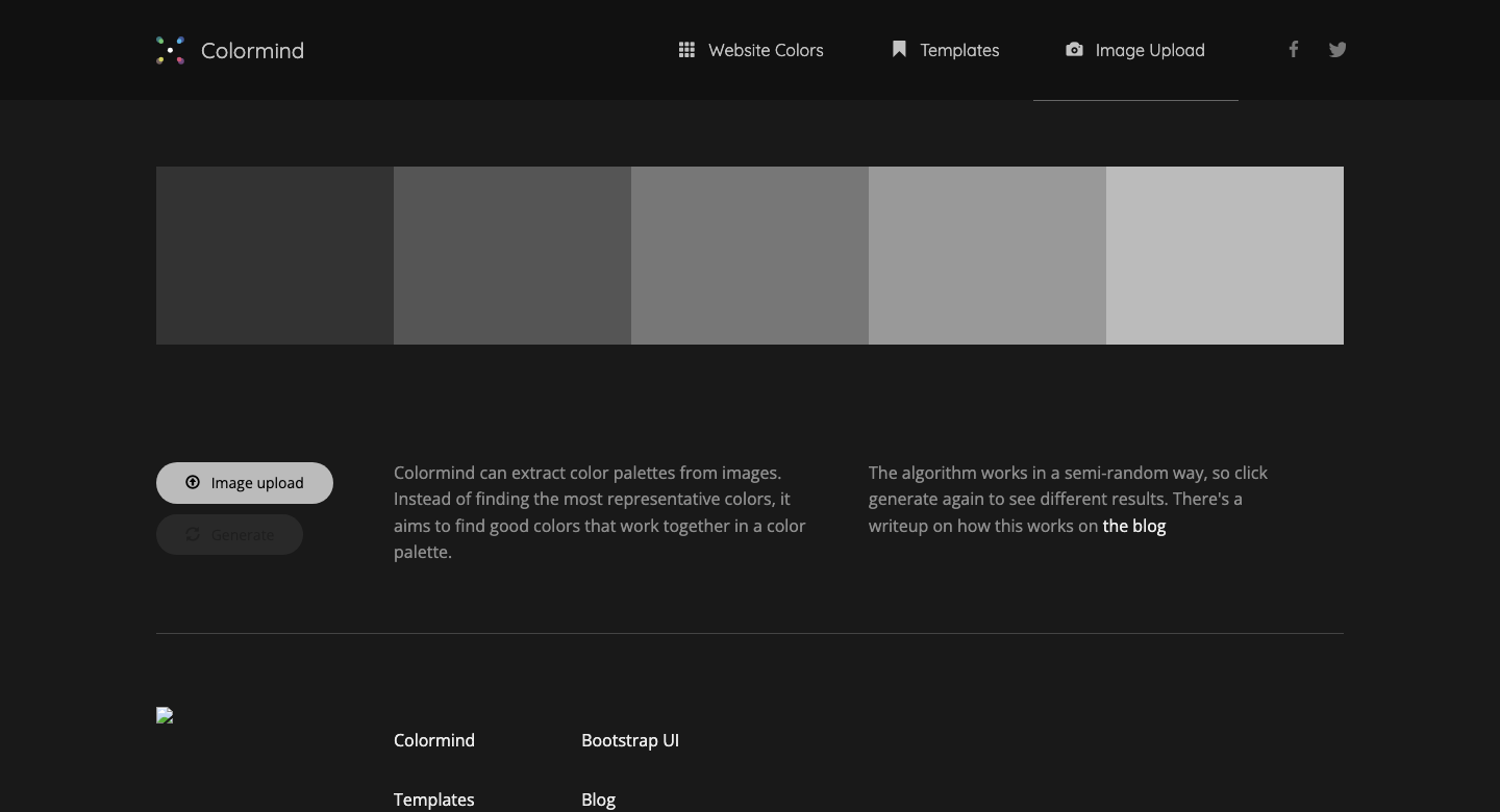 Colormind tool interface on the Image Upload tab showing a five-swatch grayscale color palette bar with Image Upload and Generate buttons below it.