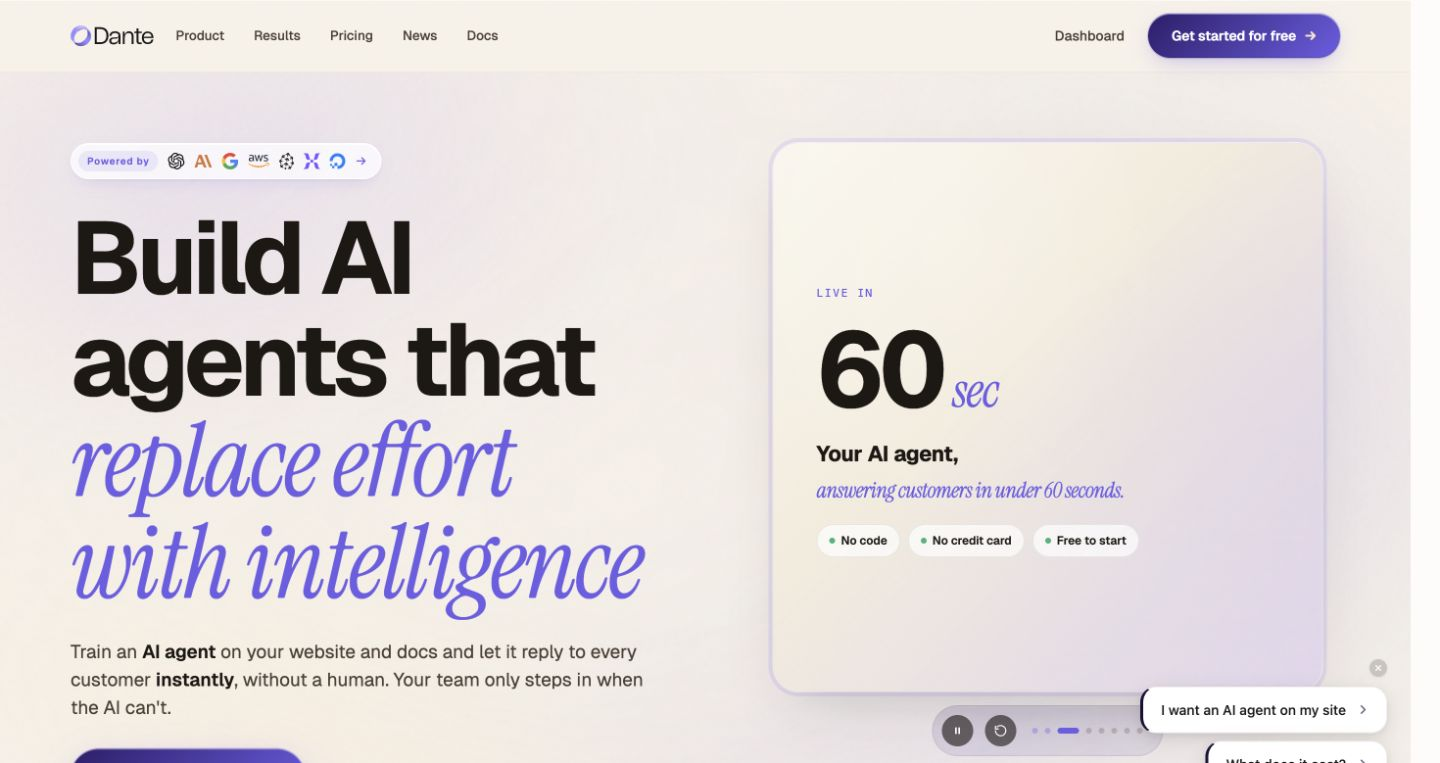 Dante AI homepage with product navigation, AI agent proposition, and branded hero visual.
