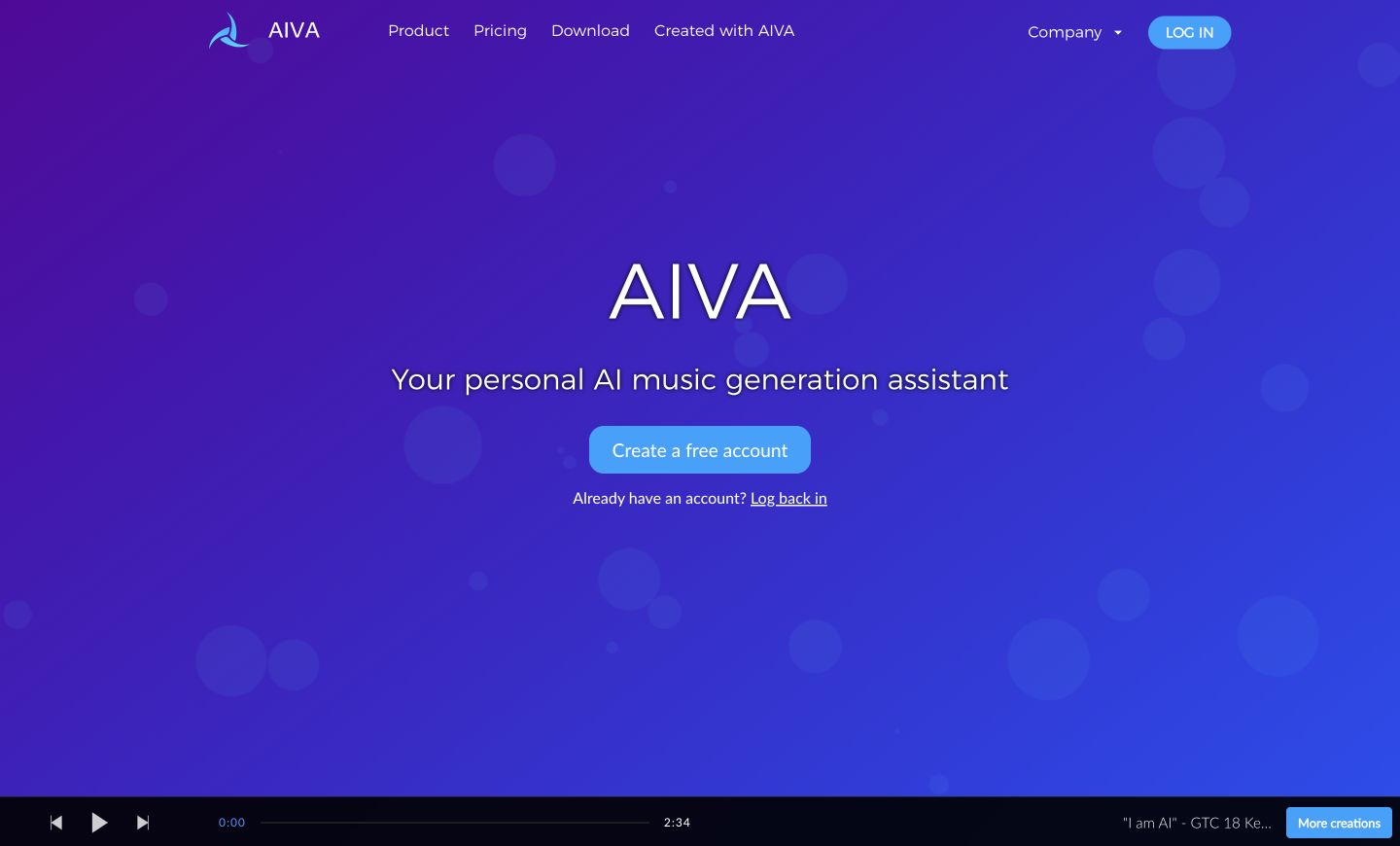AIVA homepage with its logo and product navigation above the headline 'Your personal AI music generation assistant' and account creation button.