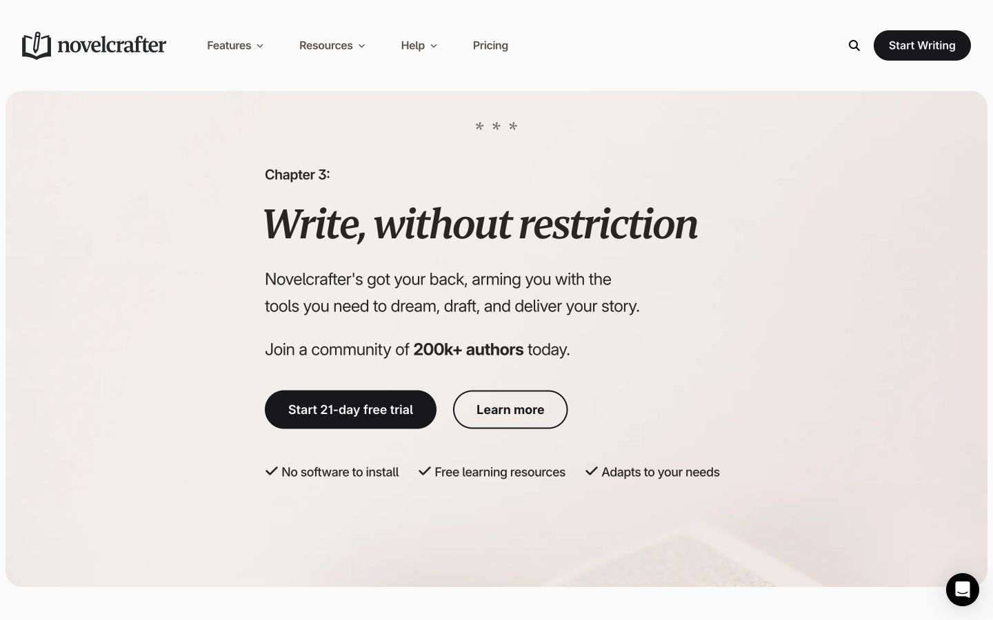Novelcrafter public homepage showing navigation and the Write, without restriction hero for its novel-writing software.