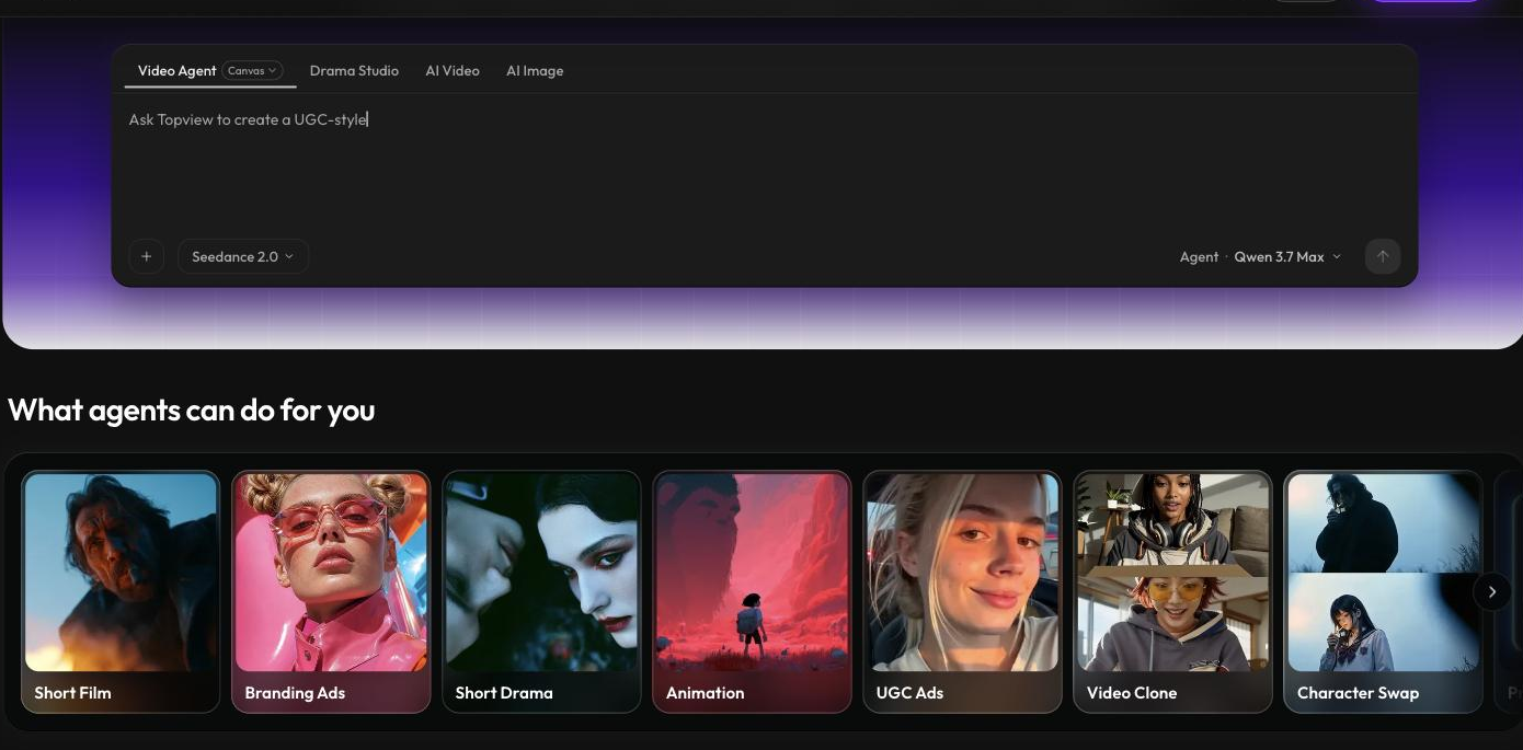 Topview Video Agent interface with a prompt box reading 'Ask Topview to create a UGC-style' and a model selector, above a 'What agents can do for you' row of cards for Short Film, Branding Ads, Short Drama, Animation, UGC Ads, Video Clone and Character Swap.