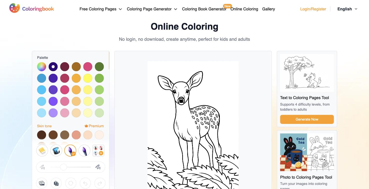 ColoringBook.ai interactive Online Coloring editor: a color palette + skin-tone palette, brush/fill/eraser tools and brush-size slider, with a line-art deer page loaded in the coloring canvas (plus Text-to/Photo-to coloring-page tool panels).