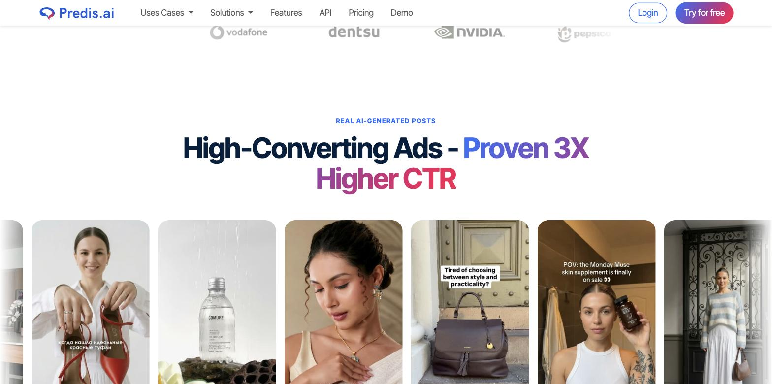Predis.ai 'Real AI-Generated Posts' section headed 'High-Converting Ads - Proven 3X Higher CTR' with a gallery of AI-generated social ad creatives including skincare, footwear, a beverage, a handbag and a supplement UGC-style post