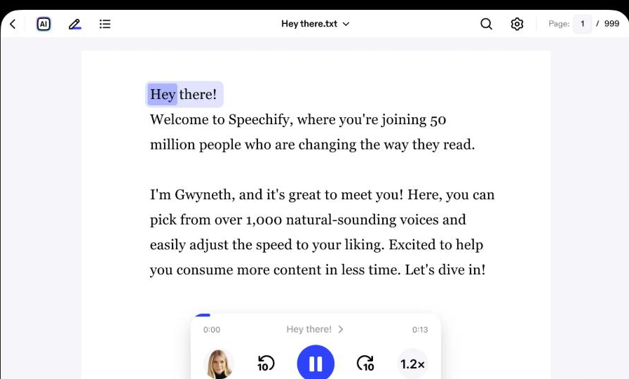 Speechify web app reader displaying a document titled 'Hey there.txt' with body text highlighted as it is read aloud, plus a playback bar showing a voice avatar, skip controls and a 1.2x speed setting.