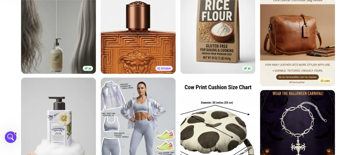 Gallery of AI-generated product images from SellerPic, including a hair-care bottle beside a model, a perfume bottle studio shot, rice-flour packaging and a leather bag lifestyle scene, each tagged AI, Studio or UGC.