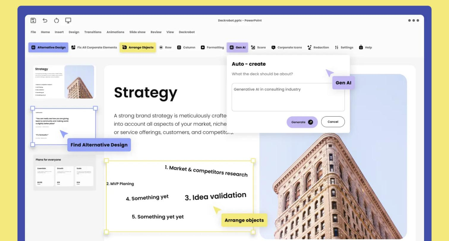 Deckrobot's PowerPoint add-in ribbon showing Alternative Design, Fix All Corporate Elements, Arrange Objects, Row, Column, Formatting, Gen AI, Score, Corporate Icons, Redaction, Settings and Help, with a 'Gen AI' Auto-create dialog open over a Strategy slide and callouts pointing at Find Alternative Design and Arrange objects.