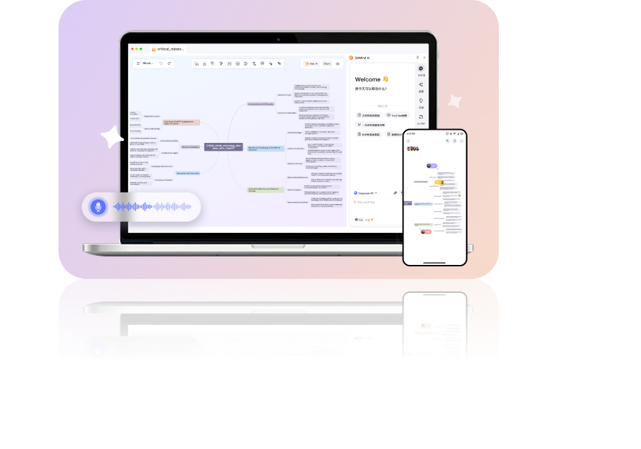Marketing graphic showing GitMind's mind-mapping interface displayed inside laptop and phone device mockups, with a microphone voice-input icon overlaid on a purple-to-orange gradient background.