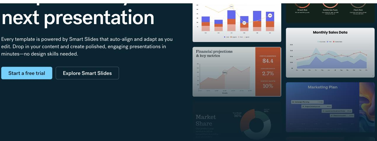 Beautiful.ai slide template gallery showing finished slides including a stacked-bar subscriber growth chart, a financial projections slide with key metrics, a Monthly Sales Data area chart, a Market Share donut chart and a Marketing Plan timeline.