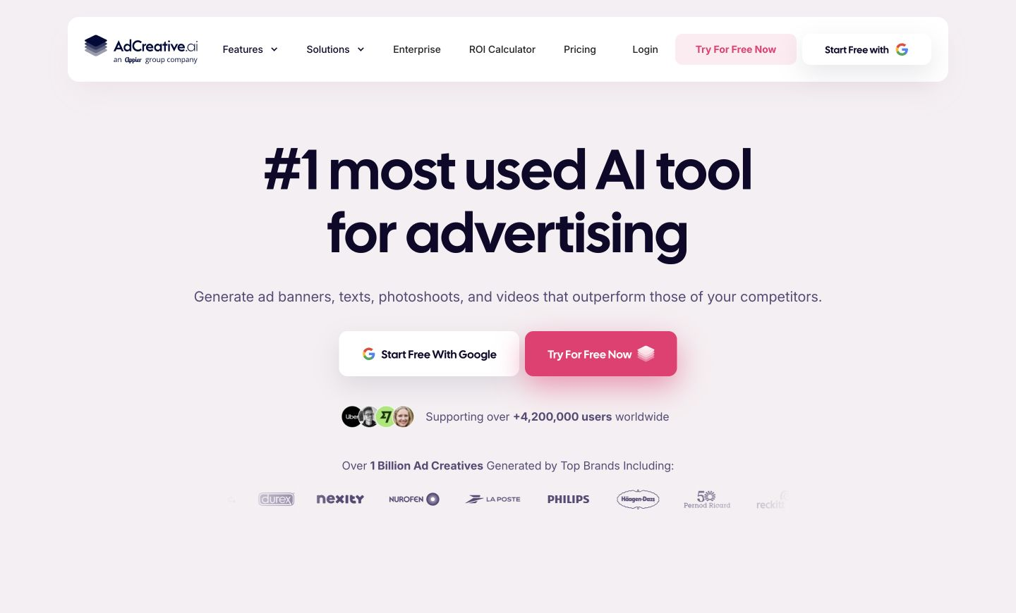 AdCreative.ai homepage with its logo and navigation above the headline '#1 most used AI tool for advertising' and free-trial calls to action.