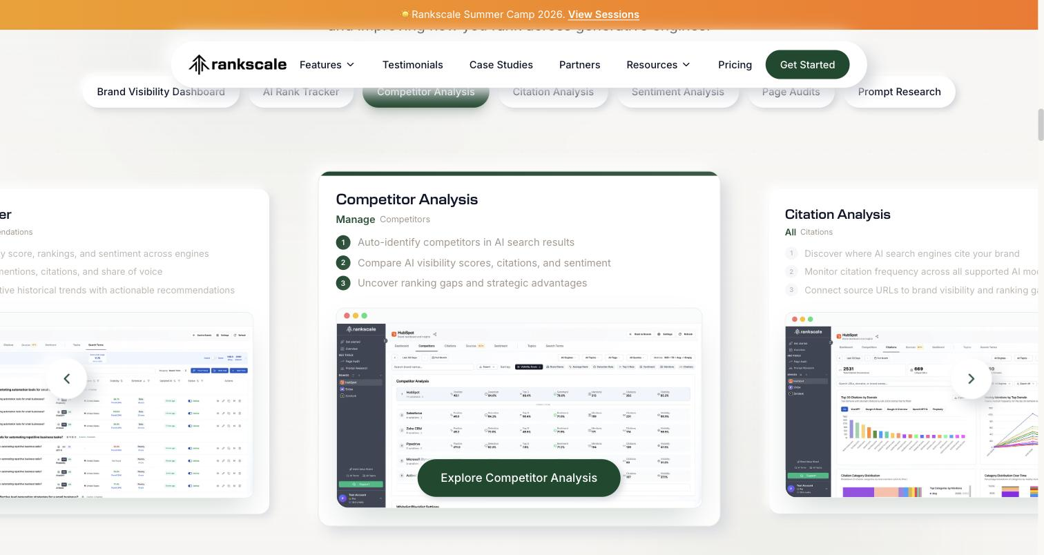 Rankscale.ai public homepage, feature tab carousel set to 'Competitor Analysis': UI screenshot of the Competitor Analysis table comparing HubSpot, Salesforce, Zoho CRM, Pipedrive, Microsoft Dynamics, and ActiveCampaign across visibility/citation/sentiment metric columns, with an 'Explore Competitor Analysis' CTA.