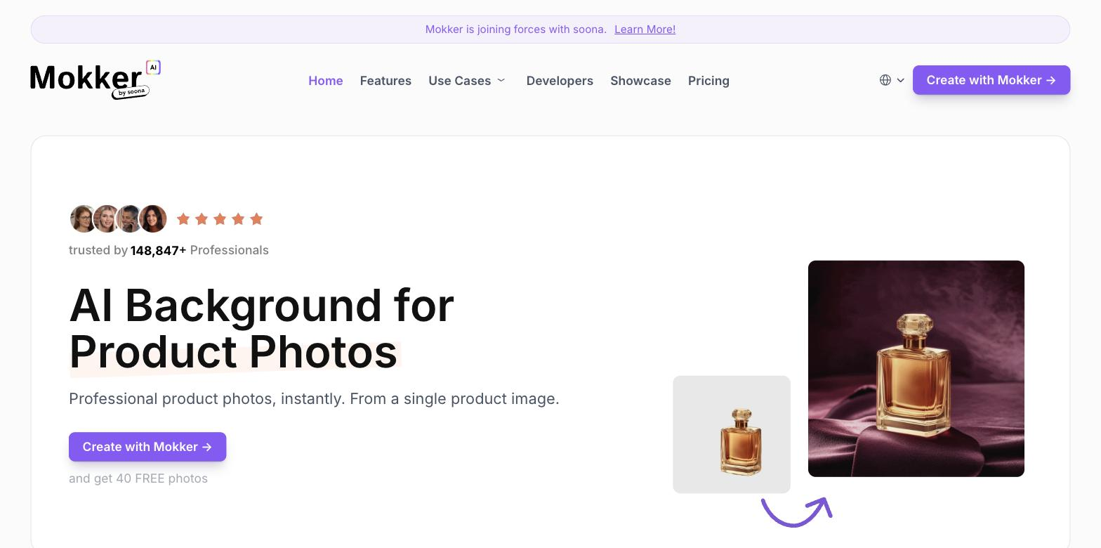Mokker AI homepage hero headed 'AI Background for Product Photos' with a before/after example: a plain perfume-bottle photo transformed into a styled product shot on draped fabric with dramatic lighting