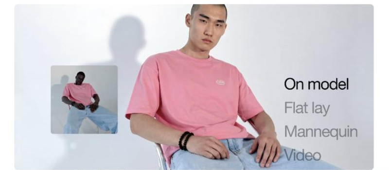 Botika homepage panel showing a generated on-model photograph of a pink t-shirt and light jeans, with a smaller inset of the same garment on a different model, and a mode list reading On model, Flat lay, Mannequin, Video.