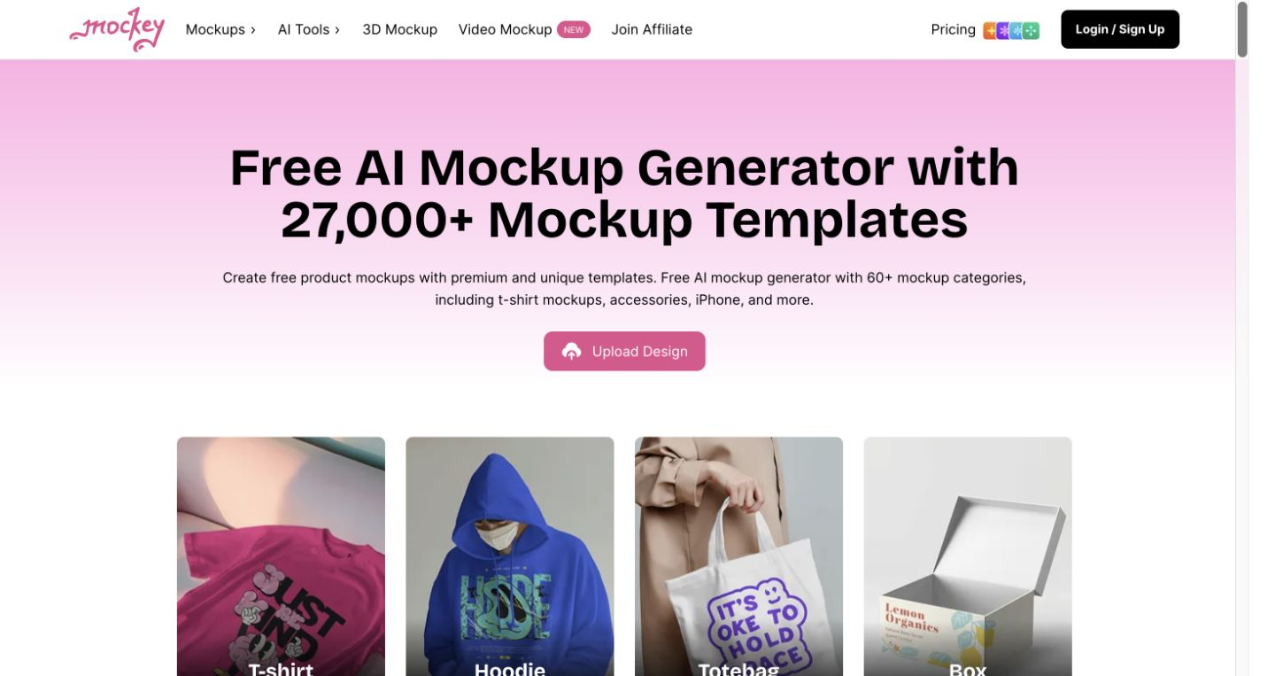Mockey AI homepage with navigation, mockup generator proposition, and product mockup examples.