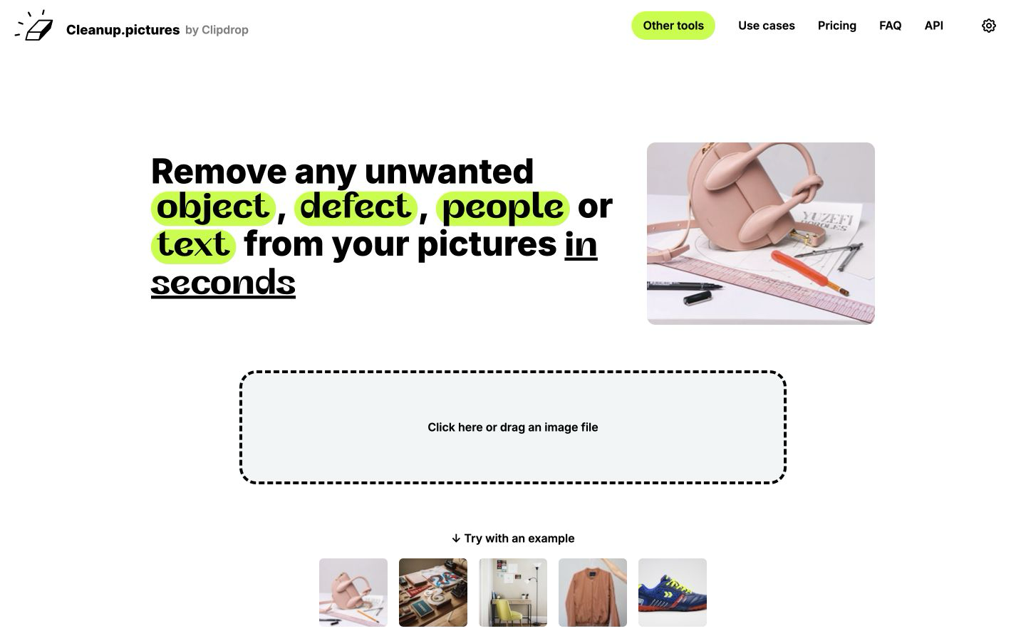 Screenshot of the Cleanup.pictures homepage showing the headline 'Remove any unwanted object, defect, people or text from your pictures in seconds,' a sample handbag photo, an interactive 'Click here or drag an image file' upload area, and example thumbnails to try.