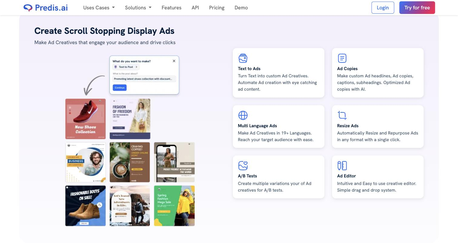 Predis.ai public Features page, 'Create Scroll Stopping Display Ads' section: shows the 'What do you want to make?' Text-to-Post generation widget above a grid of 8 varied ad-creative outputs (shoes, fashion, business, coffee, activewear, boots, travel, fashion sale), plus a feature list (Text to Ads, Ad Copies, Multi Language Ads, Resize Ads, A/B Tests, Ad Editor).