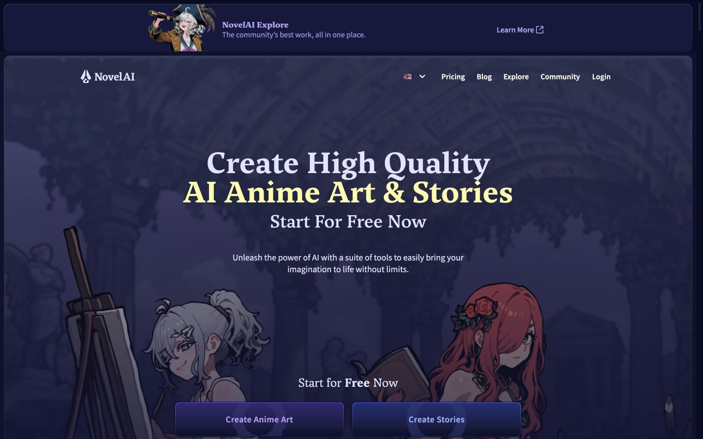 NovelAI public homepage showing navigation and the Create High Quality AI Anime Art and Stories hero.